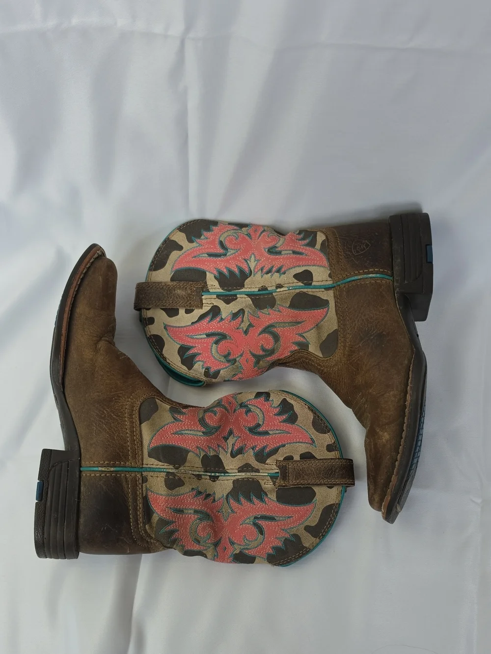ARIAT Kid's Lonestar Western Cowgirl Pull On Mid-Calf Teal Pink Stitched Boots 1